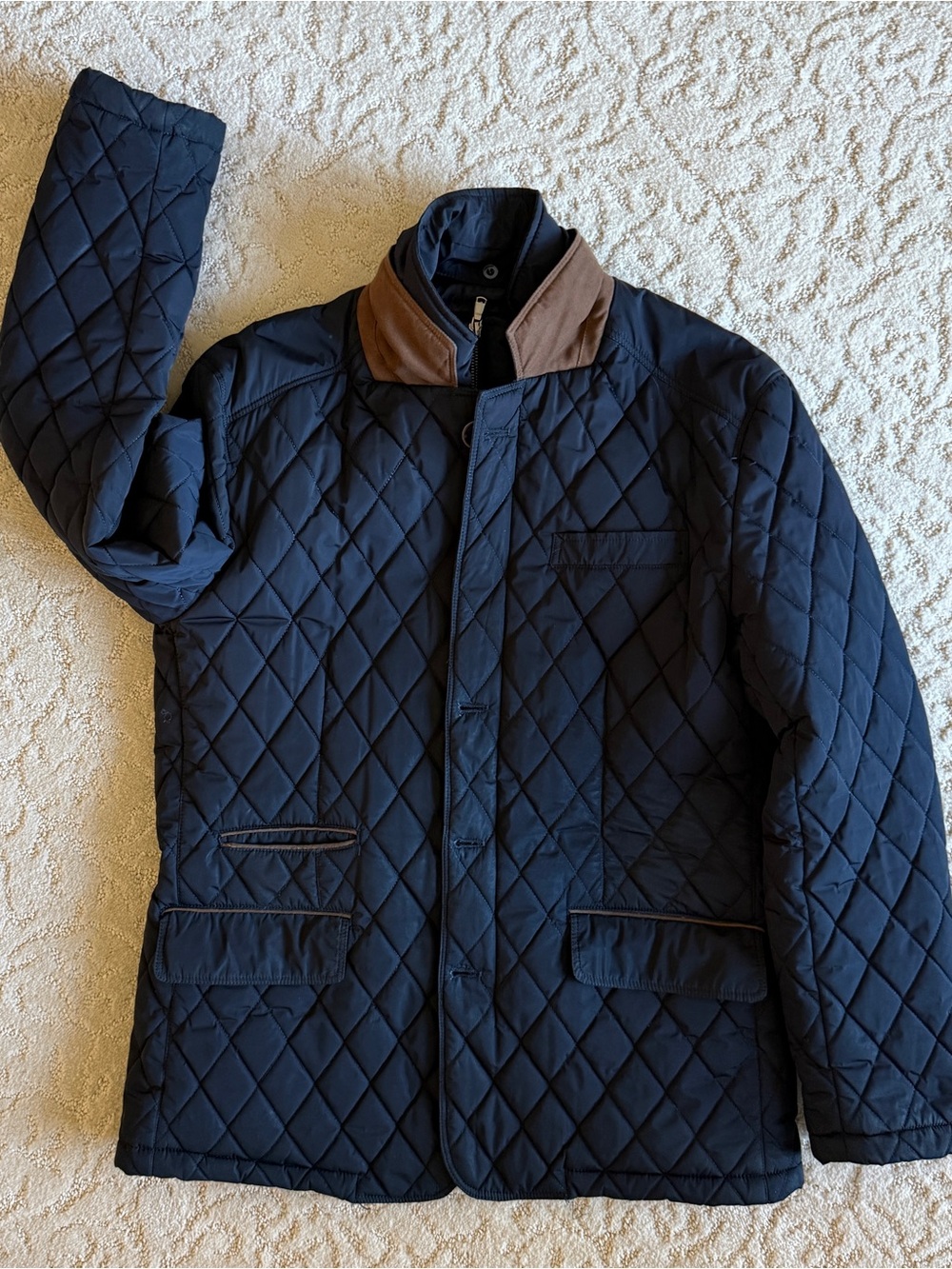 Enzo Tovare Men’s Large Quilted Jacket with Brown Leather Collar - Navy